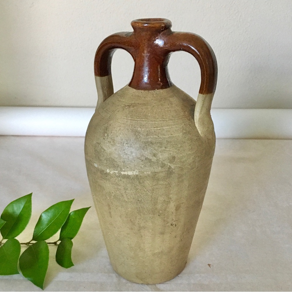 Vintage Two Handle Pottery Stoneware Whiskey Jug Stem Vase | Sicily, Italy